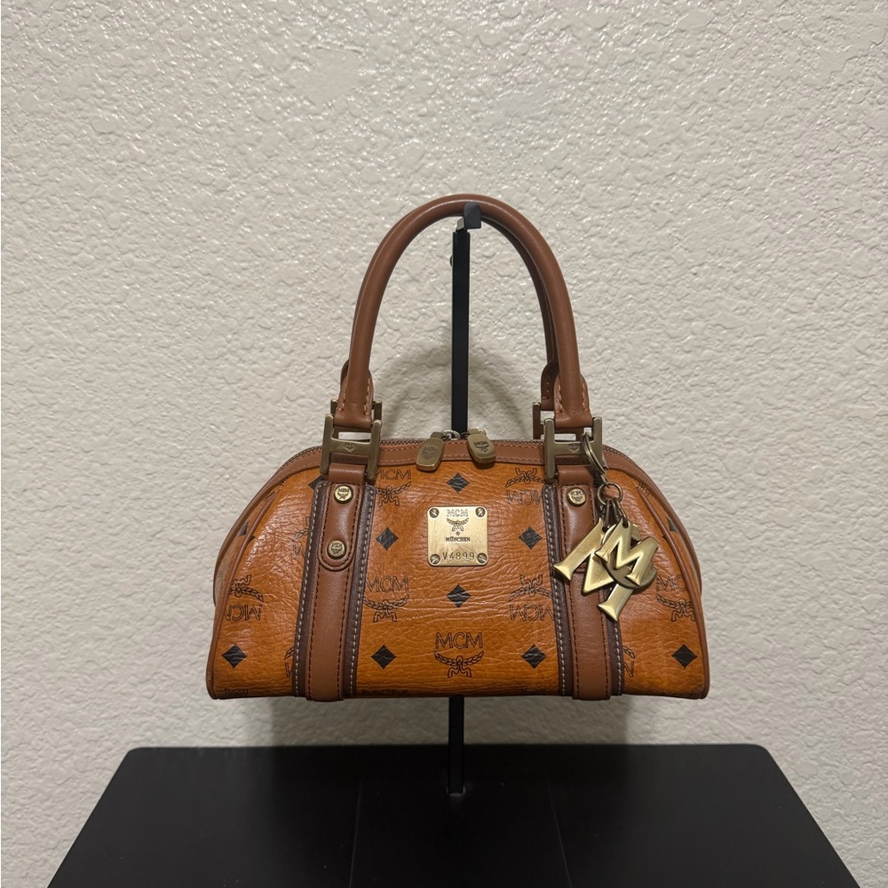 MCM Cognac Brown Visetos Satchel with Gold Hardware
